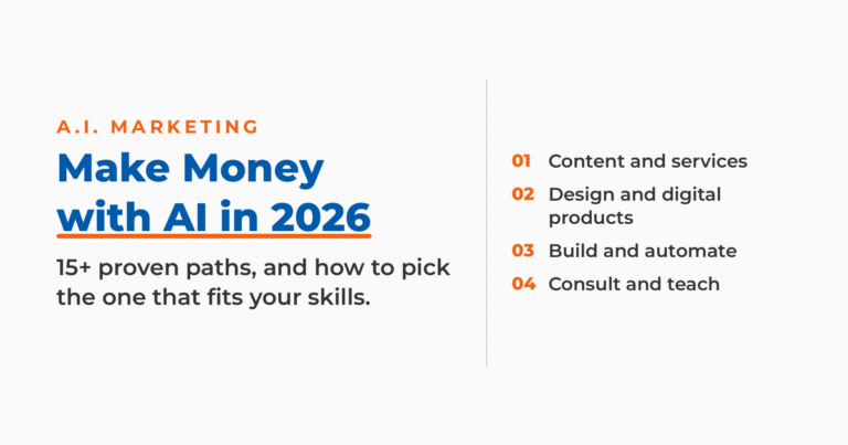 Featured image titled Make Money with AI in 2026, with a numbered list of four AI income path families: content and services, design and digital products, build and automate, and consult and teach.