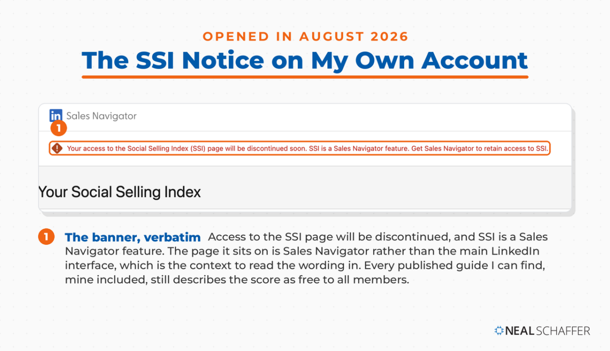 Annotated screenshot of the LinkedIn Sales Navigator Social Selling Index page showing a banner stating that access to the SSI page will be discontinued.