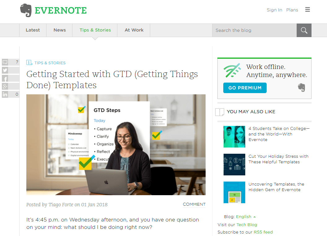 Evernote corporate blog with GTD templates as help content for clients.