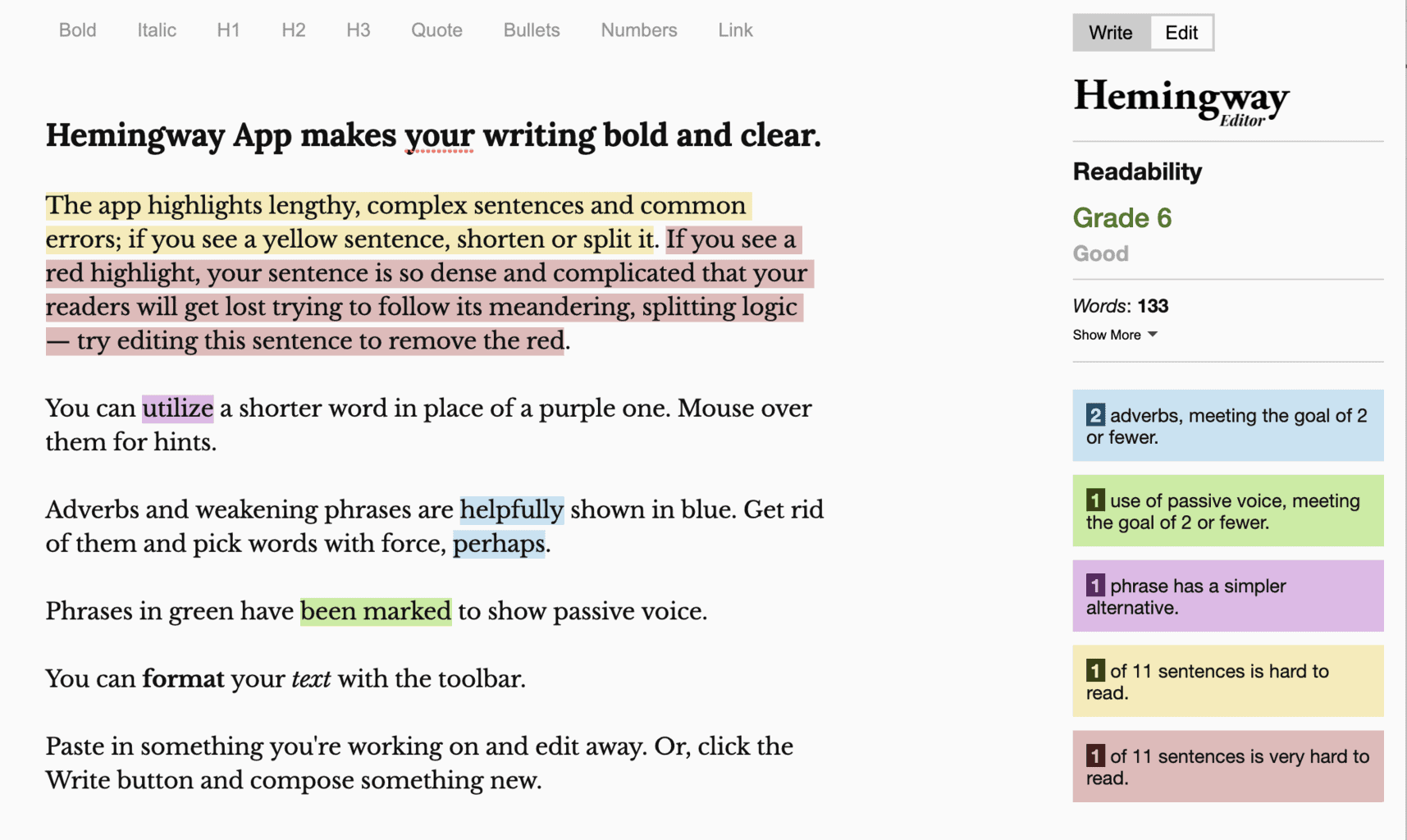 Hemingway App editor screenshot