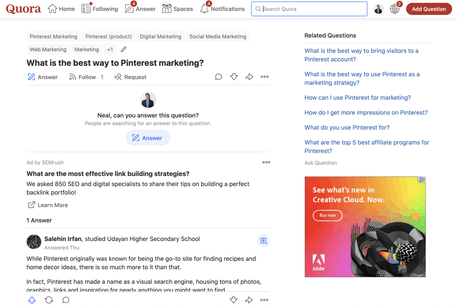 Quora Q&A on Pinterest marketing