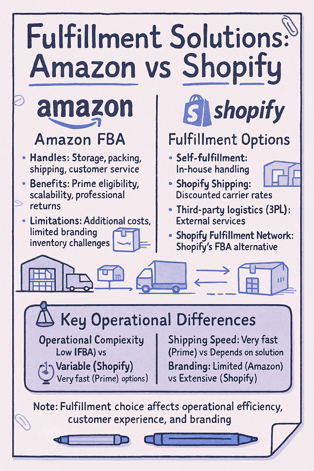 Hand-drawn style comparison chart titled "Fulfillment Solutions: Amazon vs Shopify" on a light background. The left side details Amazon FBA with bullet points covering storage, packing, shipping, customer service, Prime eligibility benefits, and limitations including costs and branding restrictions. The right side outlines Shopify's options including self-fulfillment, Shopify Shipping, third-party logistics, and Shopify Fulfillment Network. Below features illustrations of warehouses and delivery trucks, followed by a "Key Operational Differences" section comparing complexity, shipping speed, and branding options between platforms. A note at bottom states that fulfillment choice affects operational efficiency, customer experience, and branding.