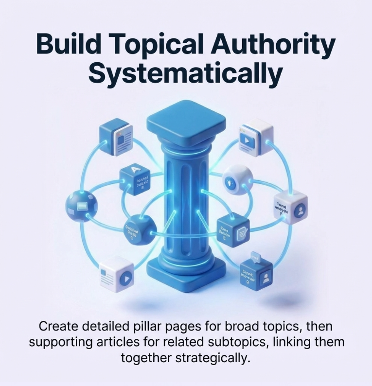 Infographic showing a central pillar page surrounded by interconnected cluster content including articles, videos, case studies, and guides, illustrating how to build topical authority through strategic content linking