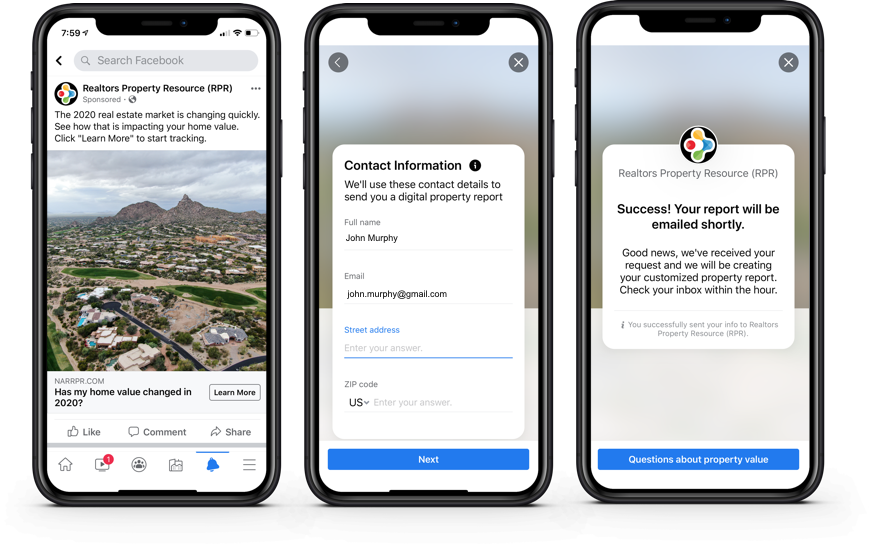 Three phone screens from a Facebook lead ad by Realtors Property Resource: a sponsored post asking whether your home value changed in 2020, a contact form for name, email, street address and ZIP code, and a confirmation that the property report will be emailed.