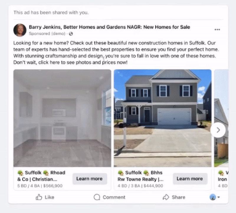 Facebook catalog ads for real estate example