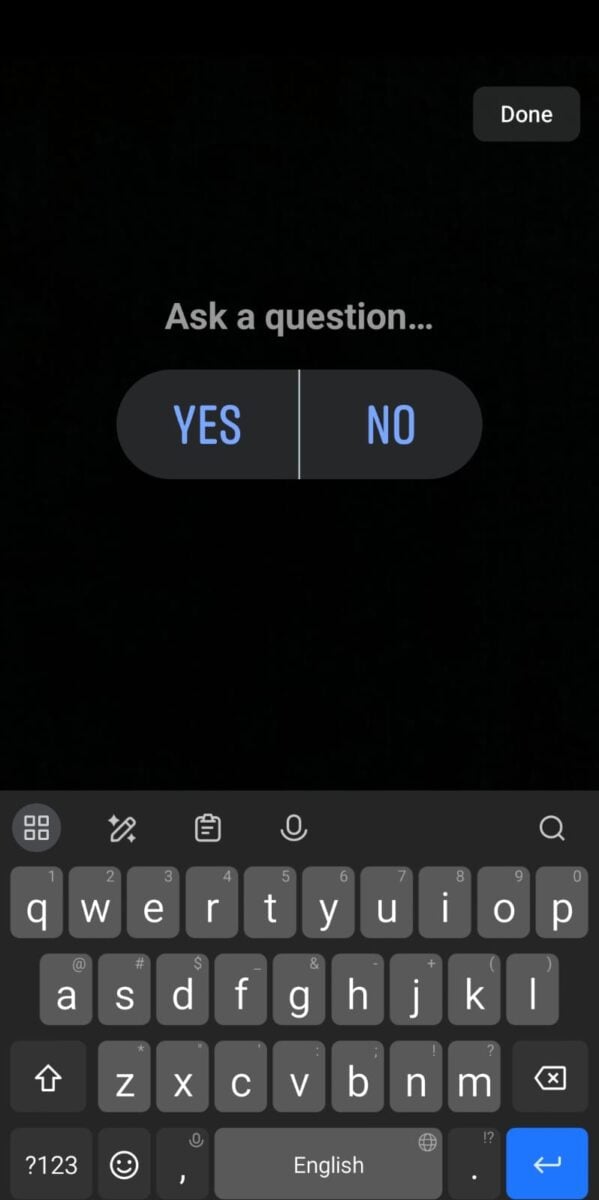 Adding a poll sticker to a Facebook Story on mobile, with a question and two answer options.