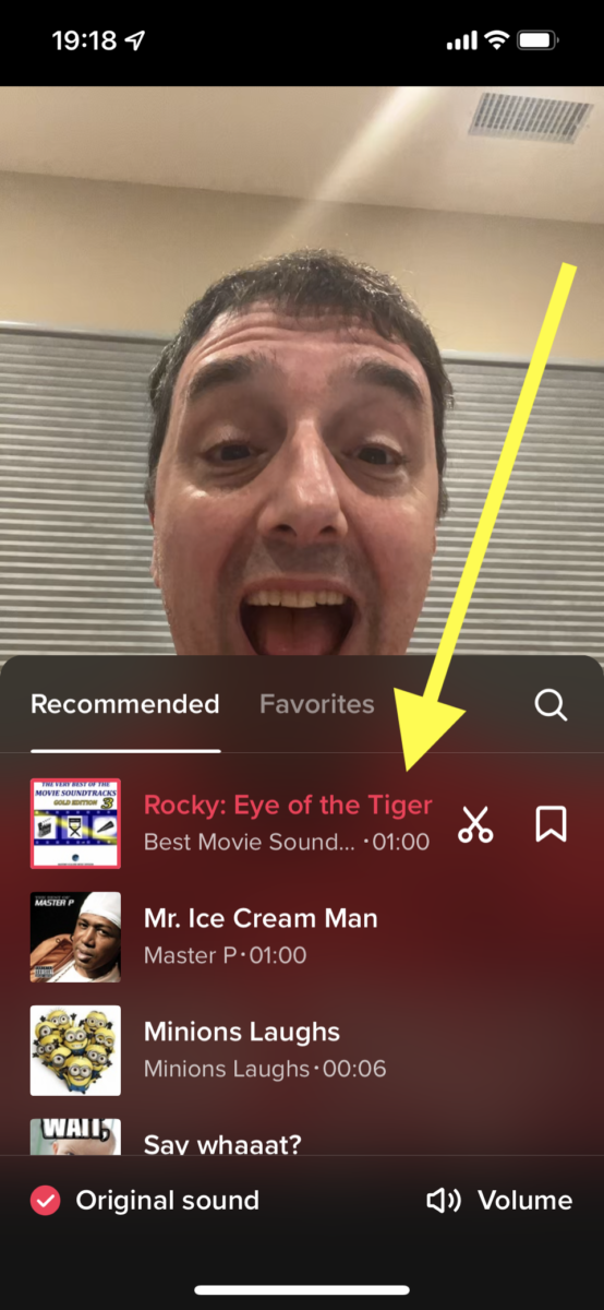 From the list that will appear at the bottom of the screen, pick a piece of music or sound from the list of recommended or favorites that appear.