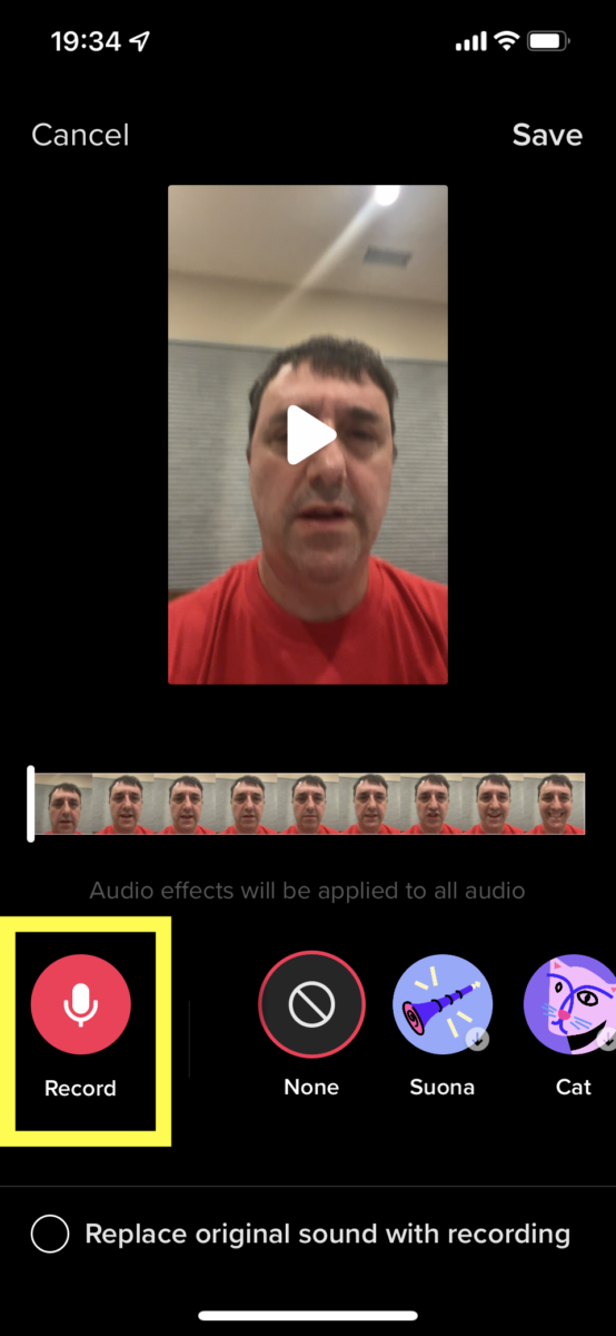 To record your voice or other audio over the original of your TikTok video, long-press or tap "Record." 