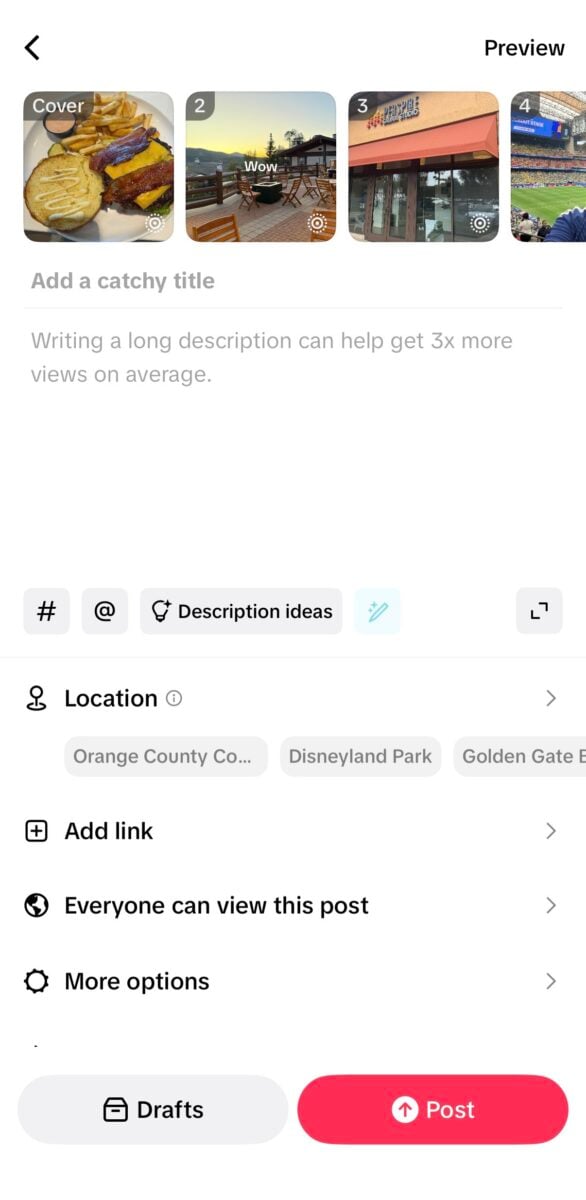 TikTok post-review screen for a Photo Mode slideshow, showing separate slide thumbnails above the title and caption fields.