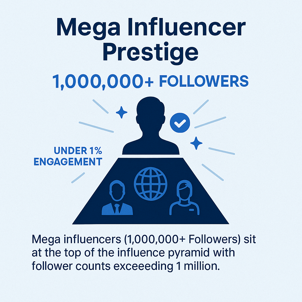Mega influencers (1M+ followers) at the influence pyramid's peak, with massive reach but under 1% engagement