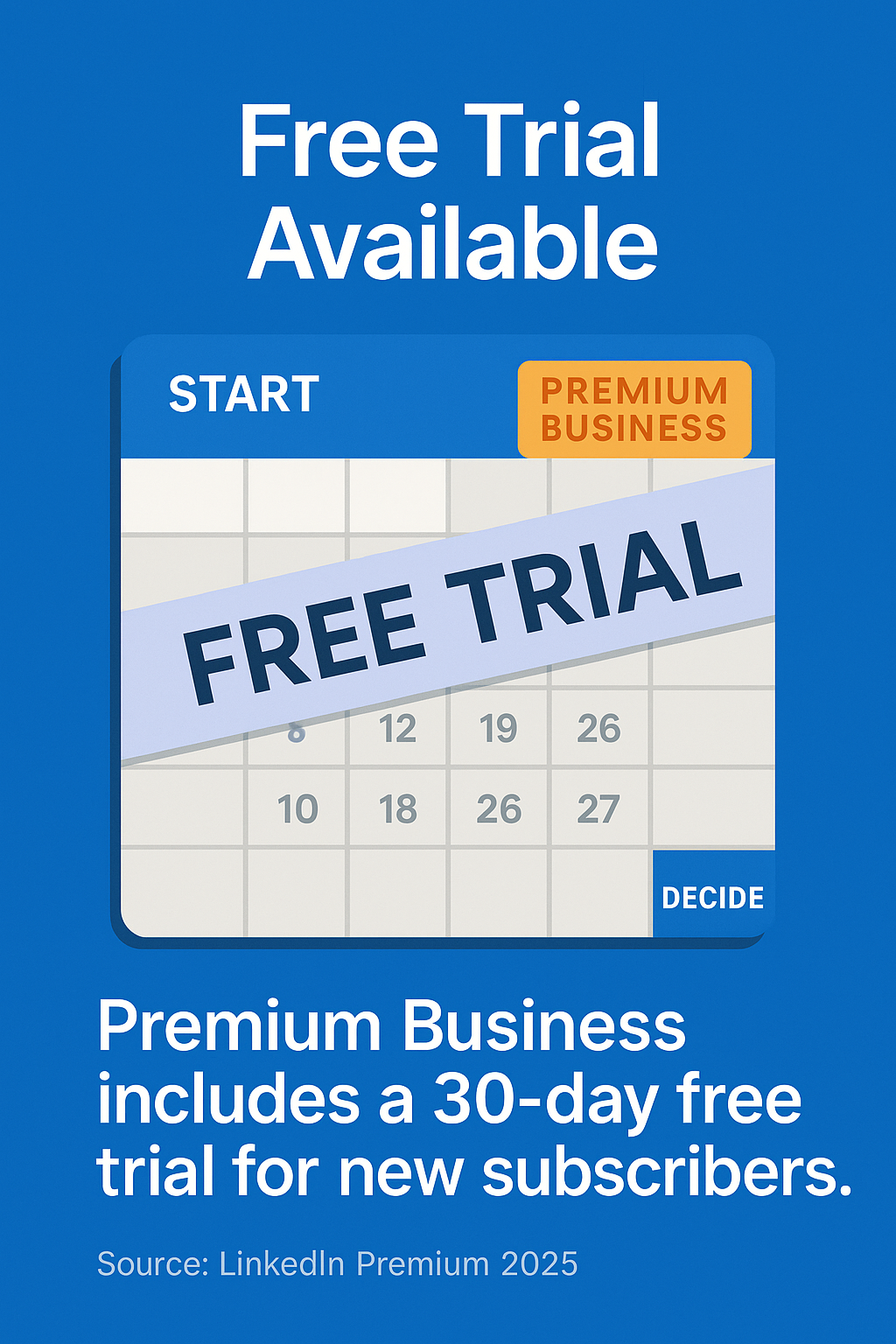 LinkedIn Premium Business offers 30-day free trial for new subscribers.