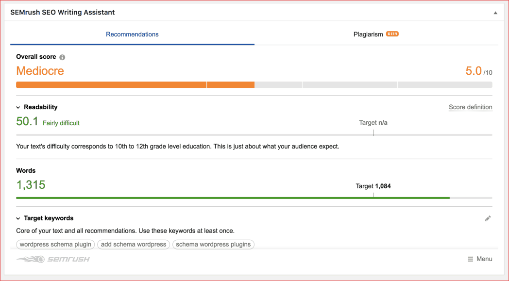 SEMrush SEO Writing Assistant WordPress plugin screenshot