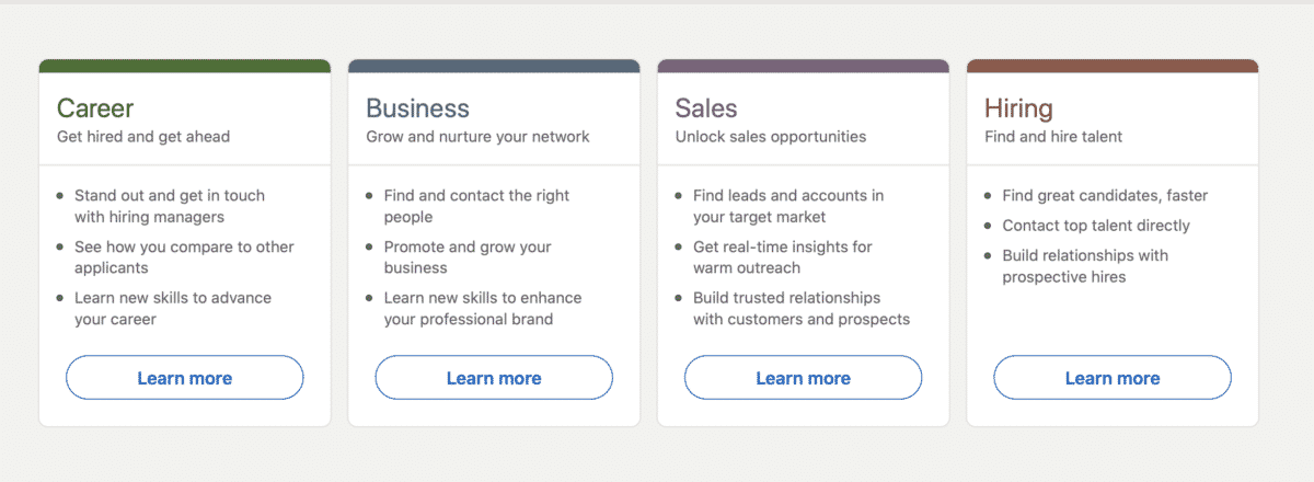 LinkedIn premiun offerings: Career, Business, Sales and Hiring