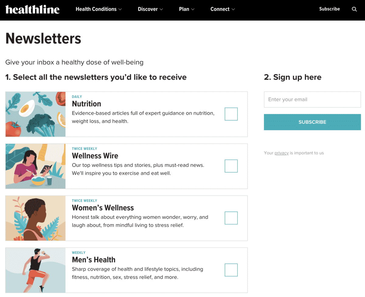 healthline newsletter signup page