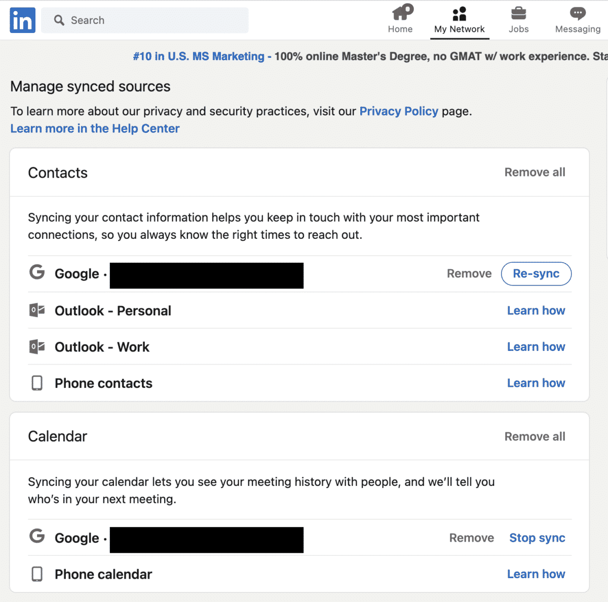 manage synced contacts on linkedin