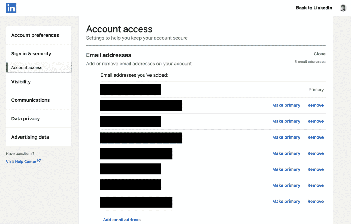 linkedin email addresses account access