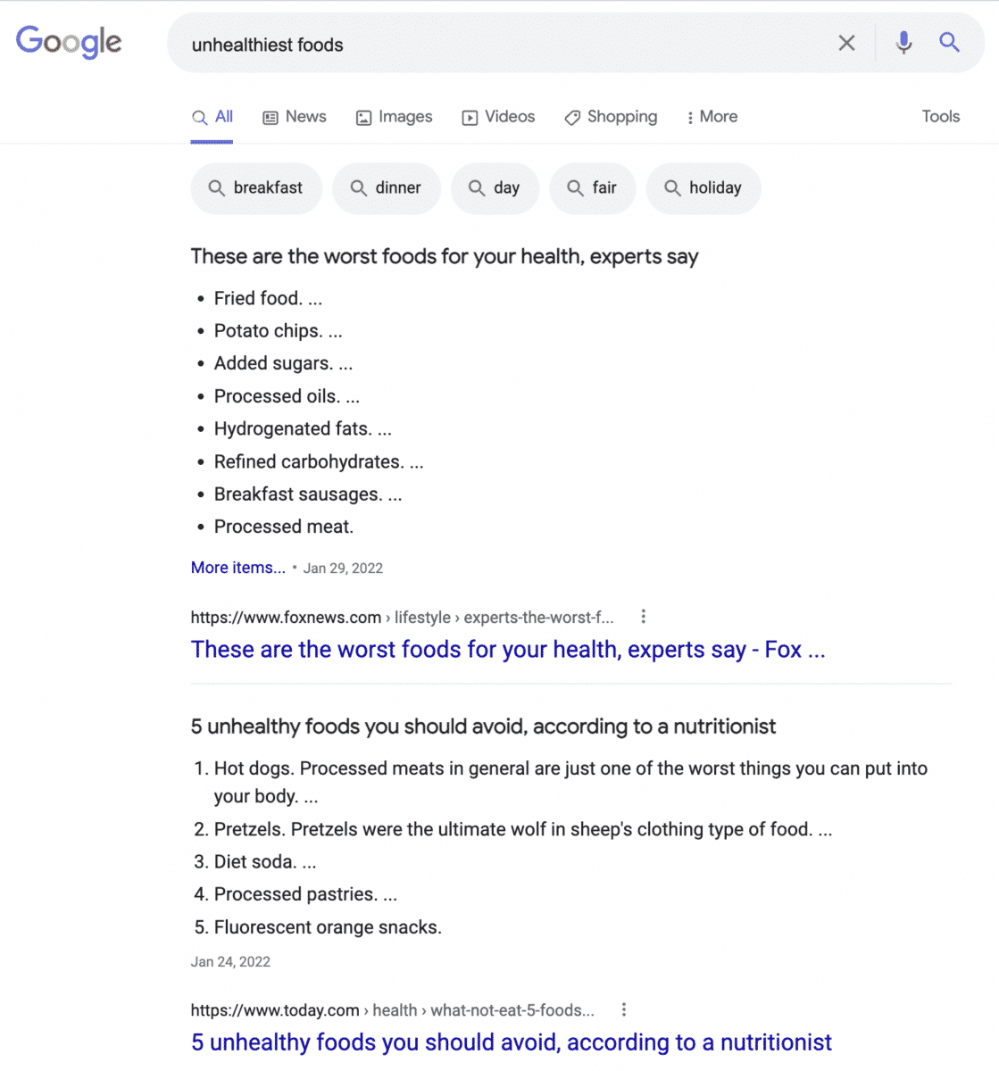 Give Your Audience Something To Link Back To - unhealthiest foods google search example