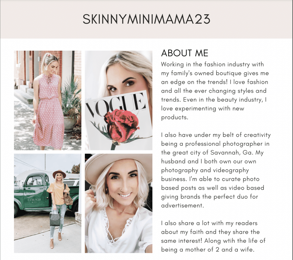 skinnyminimama influencer media kit short bio with photos