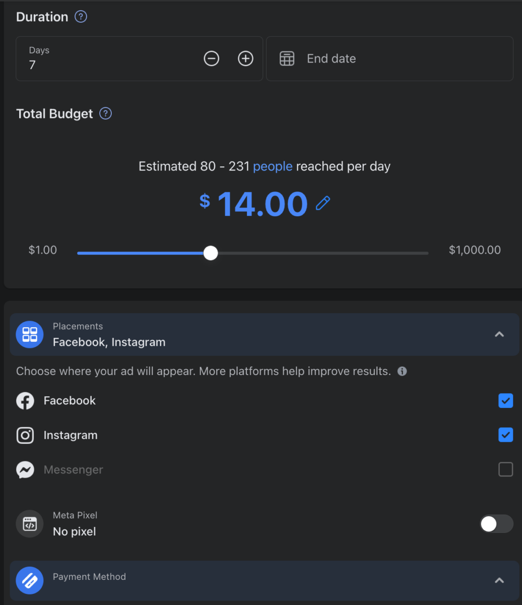 choose your duration, budget, and ad placement for your Facebook Boost Post ad