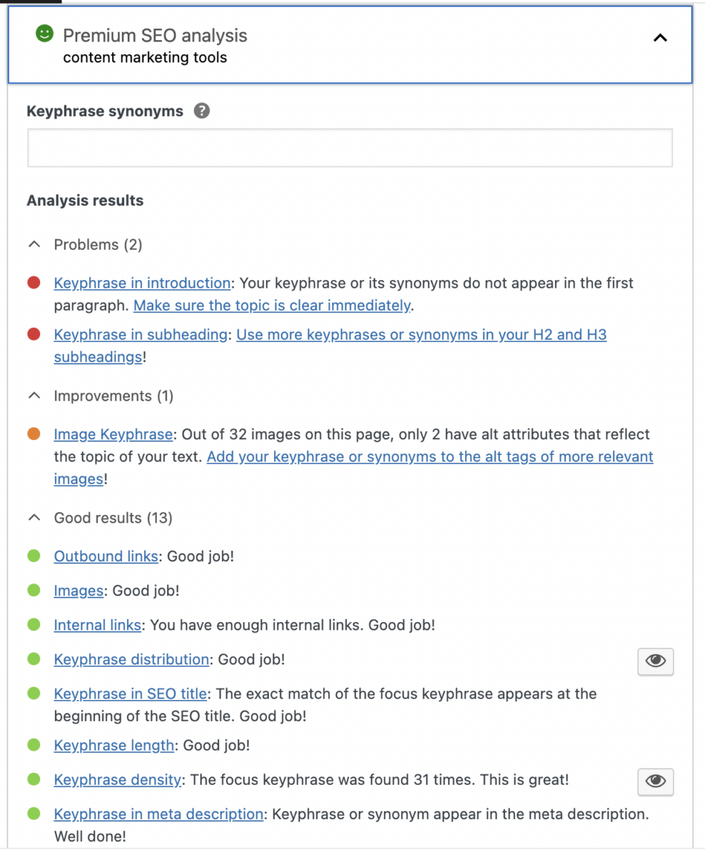 Yoast content marketing tools blog post premium analysis