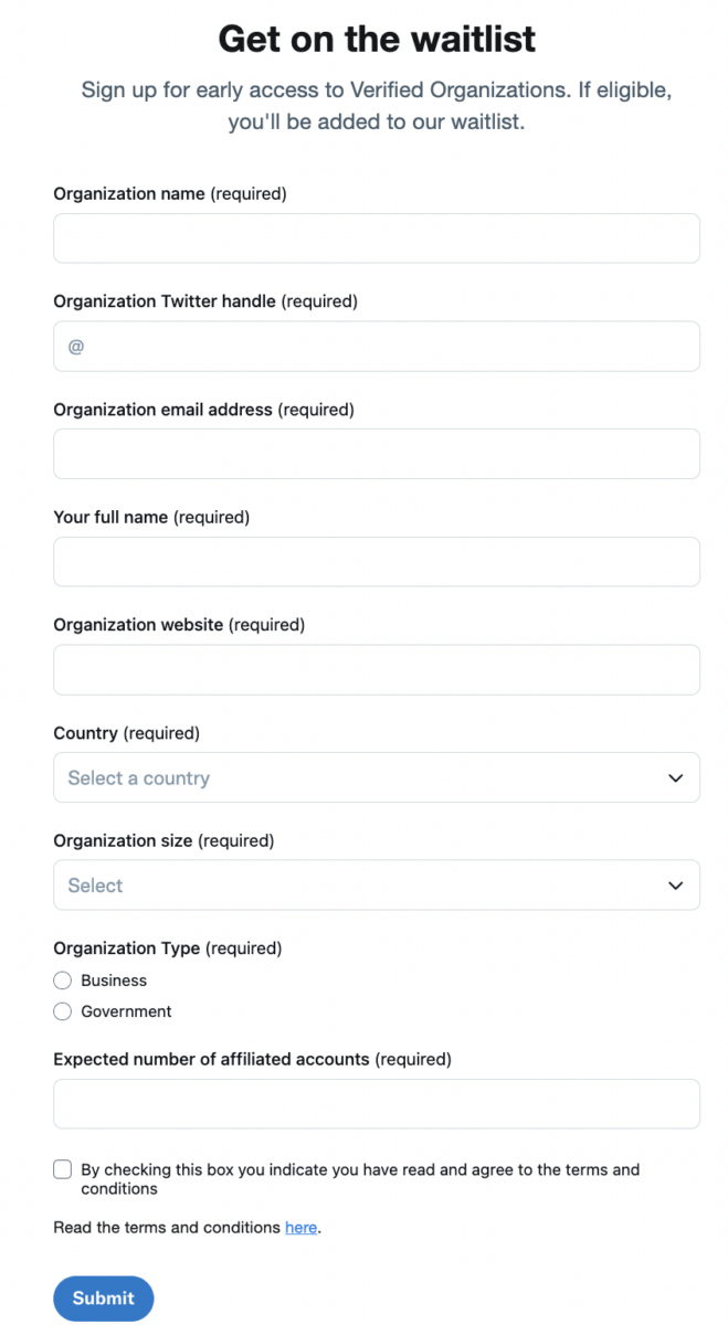 get on the waitlist for Twitter Verified Organization