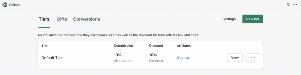 Shopify Collabs dashboard for Tiers, Gifts and Conversions