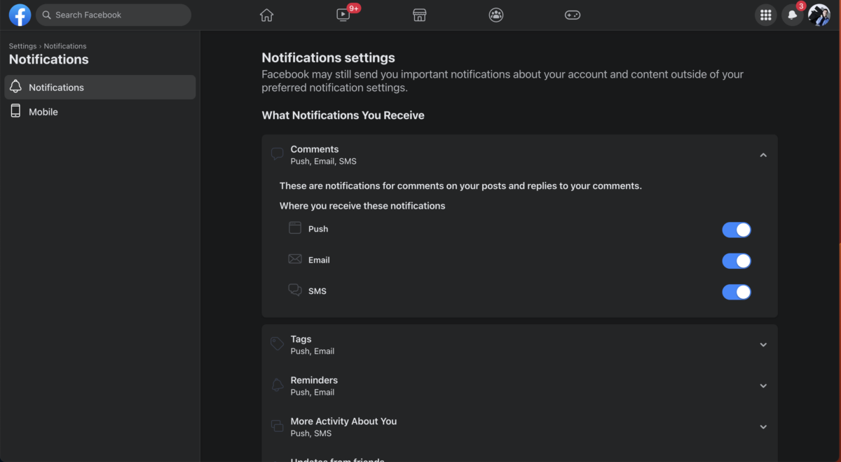 Facebook profile notifications settings