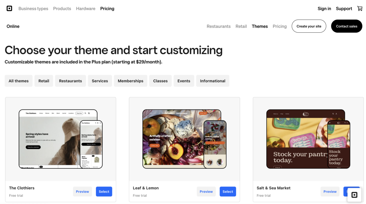 square online ecommerce themes