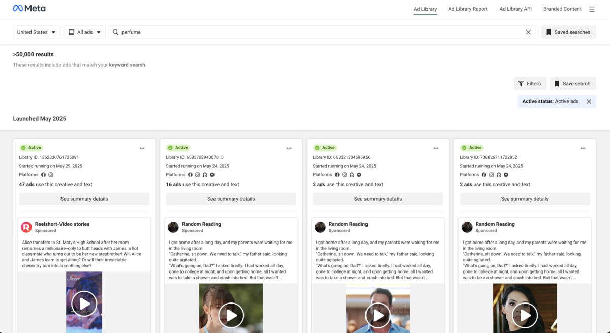 facebook ads library screenshot for perfume search