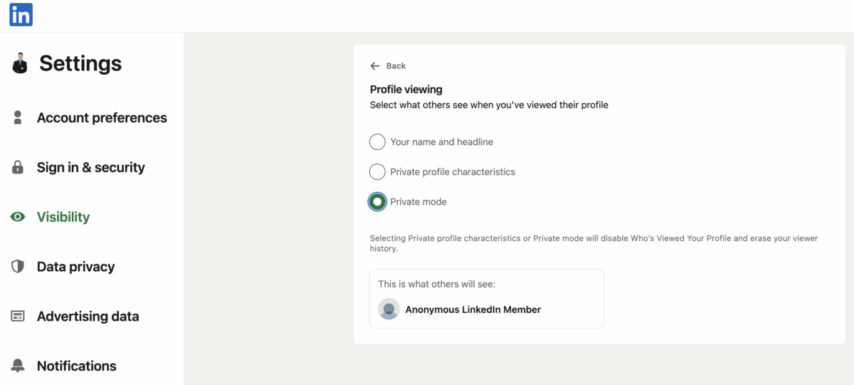 how to keep profile visits private on LinkedIn by using their private mode in settings