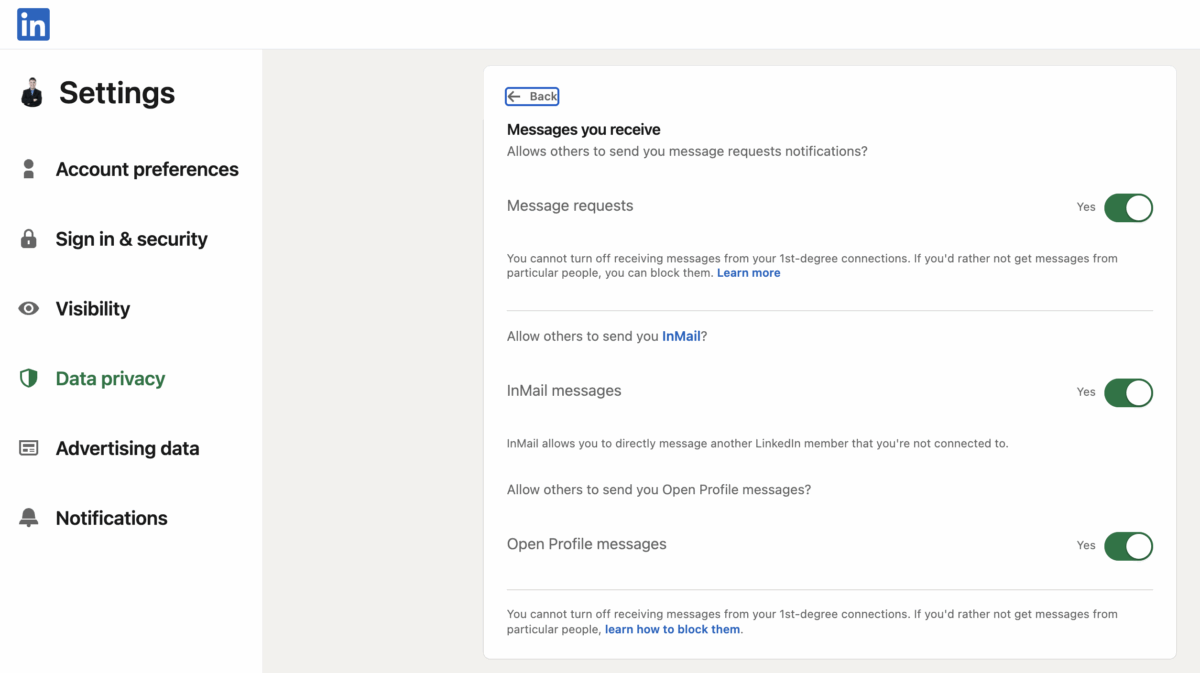 allowing others to message you LinkedIn privacy settings