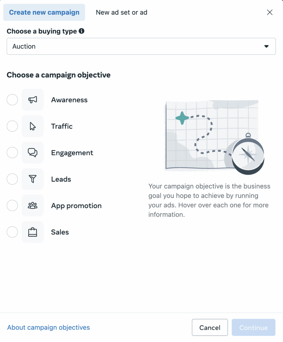 Facebook Ads choose a campaign objective screenshot