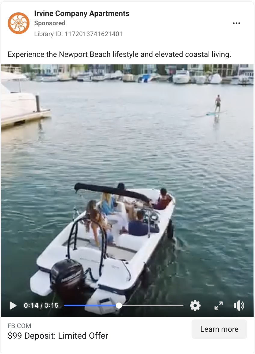 Irvine Company Apartments Facebook video ad for Newport Beach
