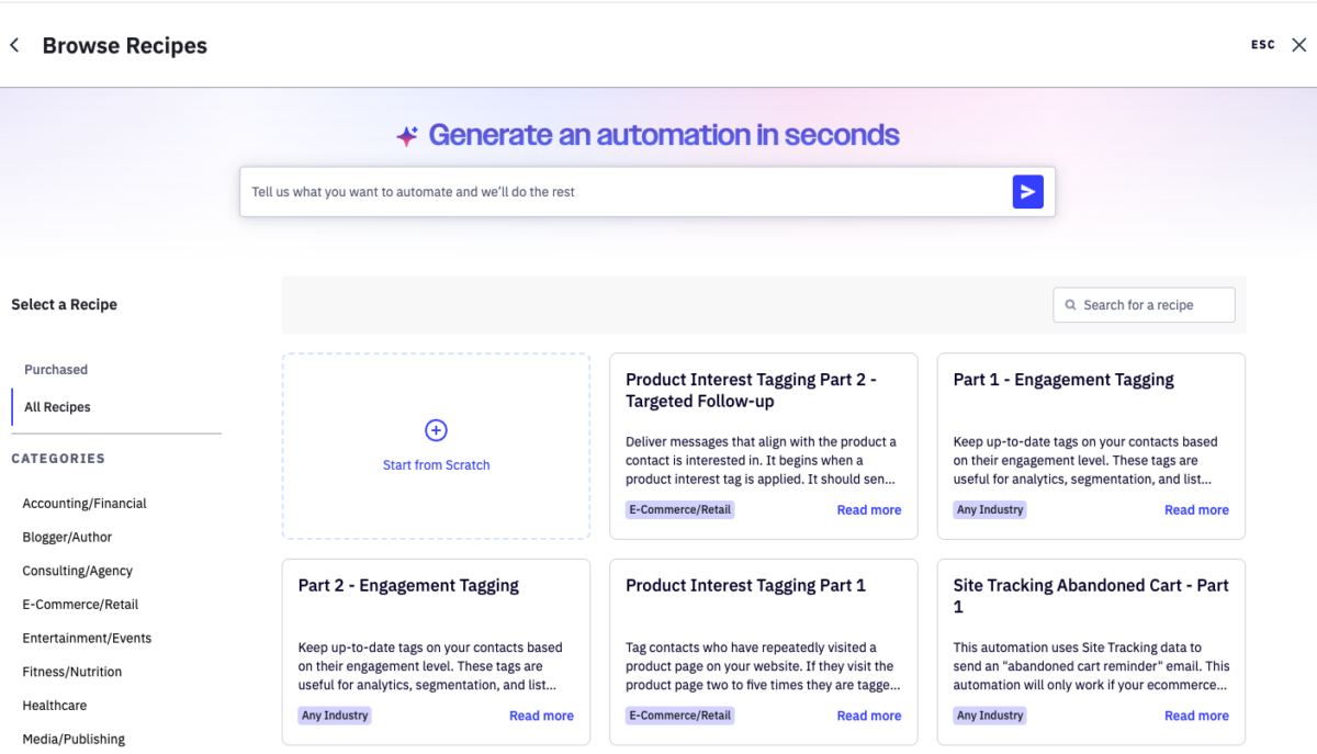 ActiveCampaign automation Browse Recipes interface showing a natural-language AI prompt to generate automations alongside a library of pre-built recipes including Product Interest Tagging, Engagement Tagging, and Site Tracking Abandoned Cart, with industry category filters on the left side