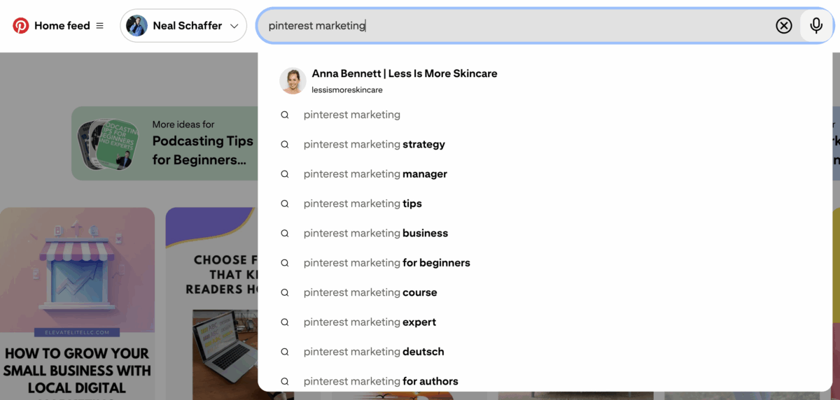 an example of Pinterest search for the keyword phrase .