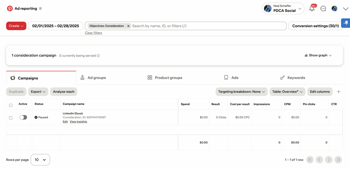 Pinterest ads manager screenshot