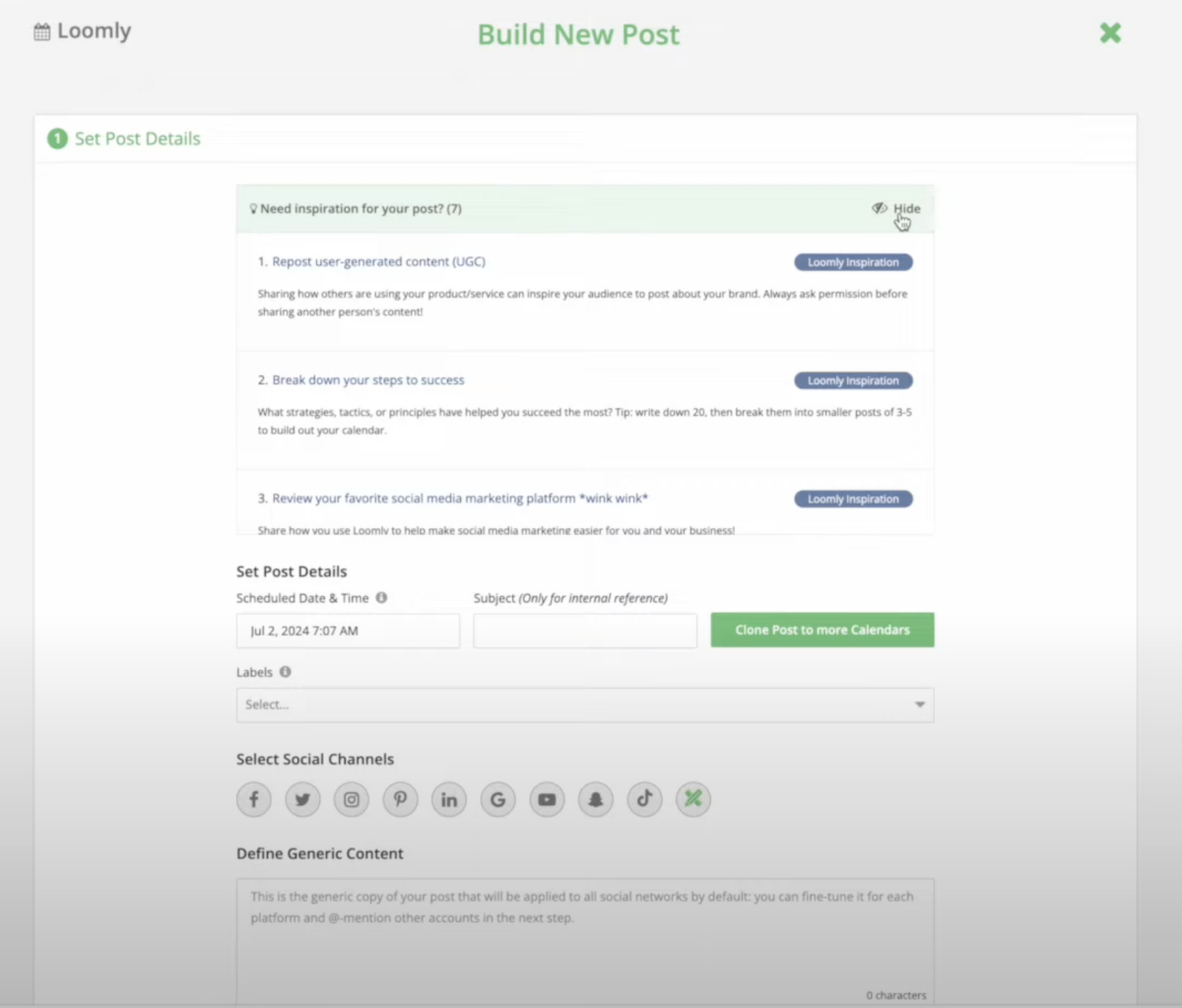 building a new post in loomly