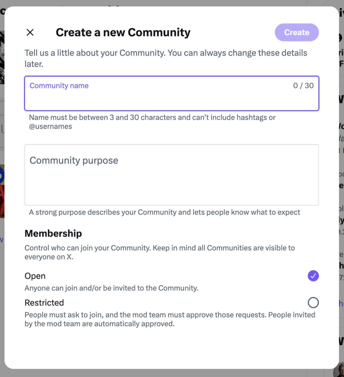 X Community creation interface showing fields for community name, purpose, and membership settings including Open and Restricted options