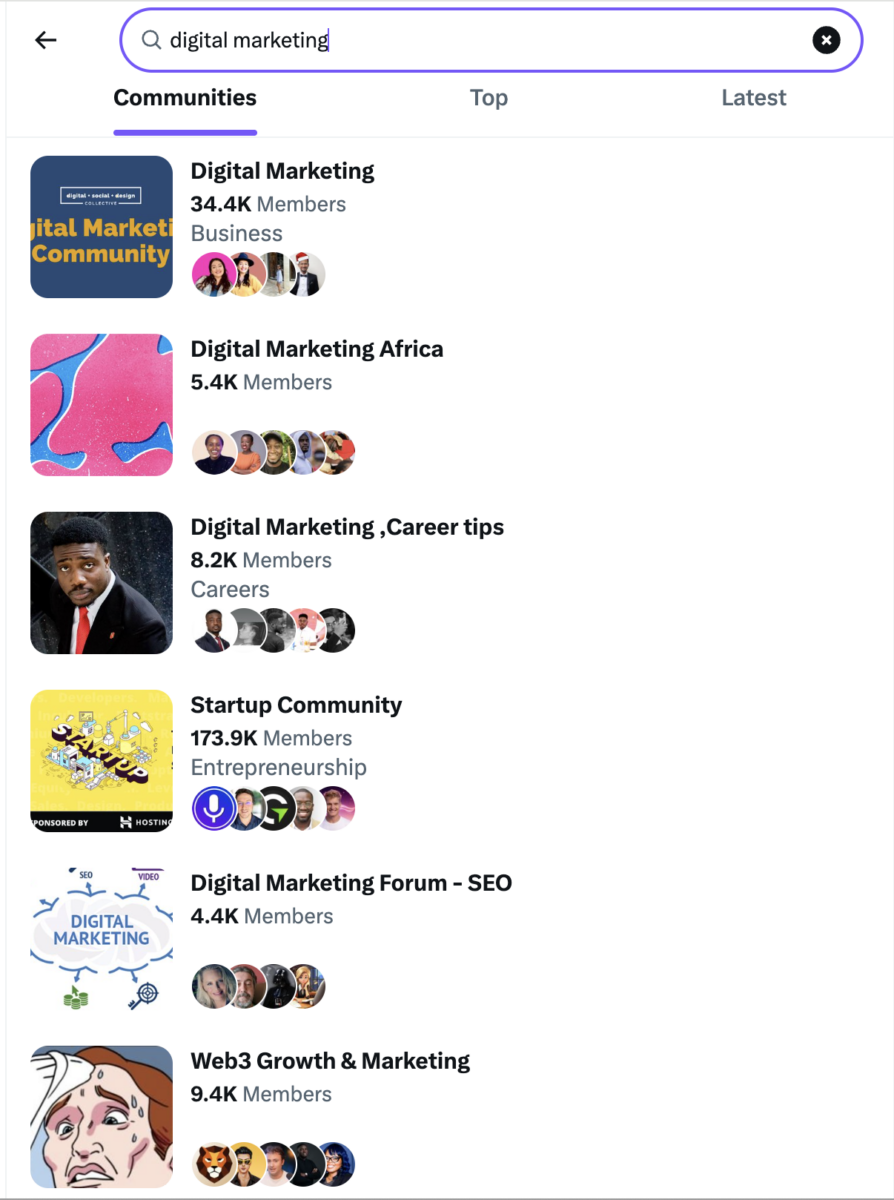 X Communities search results for 'digital marketing' showing multiple communities with member counts ranging from 4.4K to 173.9K members