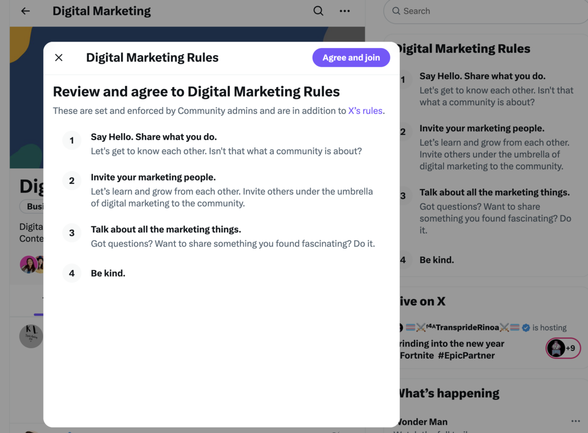 X Community rules modal showing the 'Agree and join' process for the Digital Marketing Community with four community rules displayed