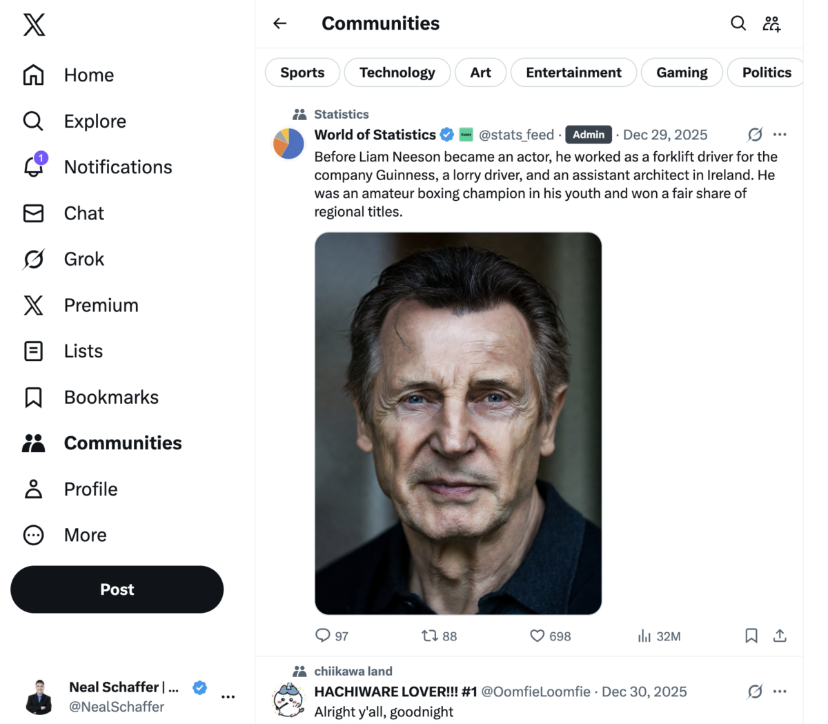 X desktop interface showing the Communities option in the left sidebar navigation and the Communities feed with category filters for Sports, Technology, Art, Entertainment, Gaming, and Politics