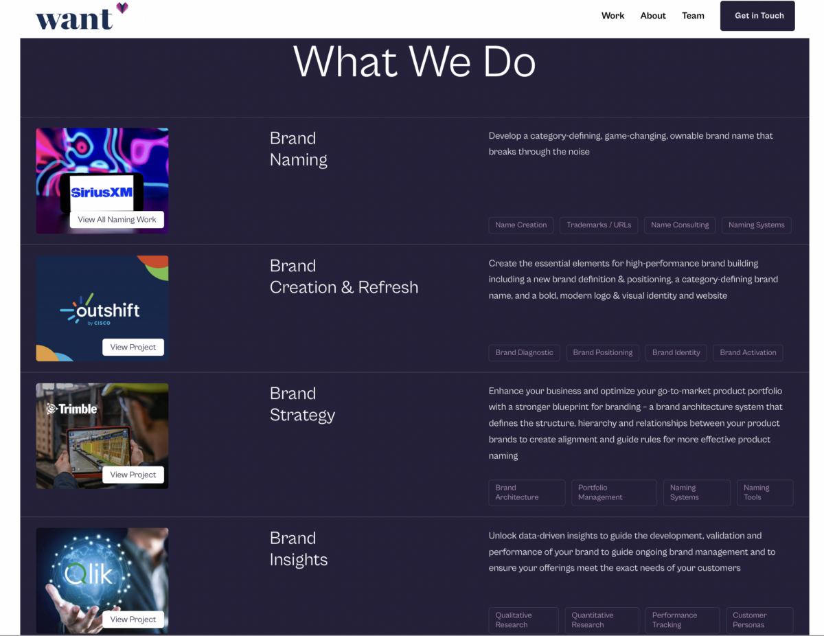 WANT provides brand agency services such as brand naming, brand creation & refresh, brand strategy and brand insights