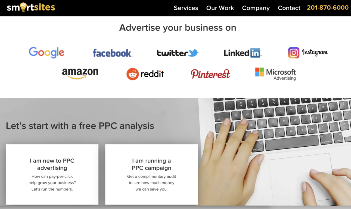 SmartSites: Advertise your business on Google, Facebook, Twitter, LinkedIn, Instagram, Amazon, Reddit, Pinterest, and Microsoft.