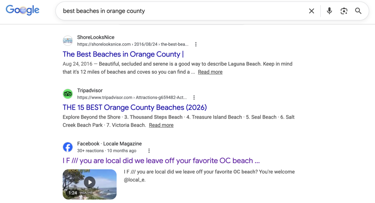 example of a Facebook Page post appearing in the first page of Google search results