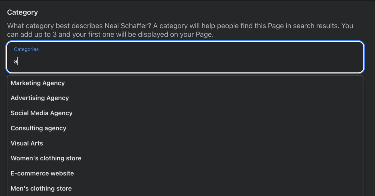 choose your Facebook Page category, up to 3