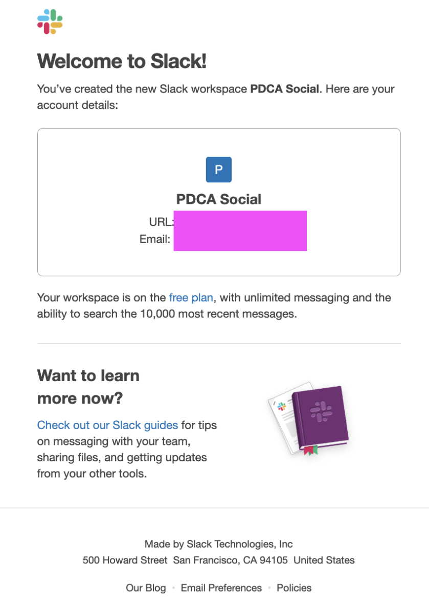 Slack welcome email for pdca social