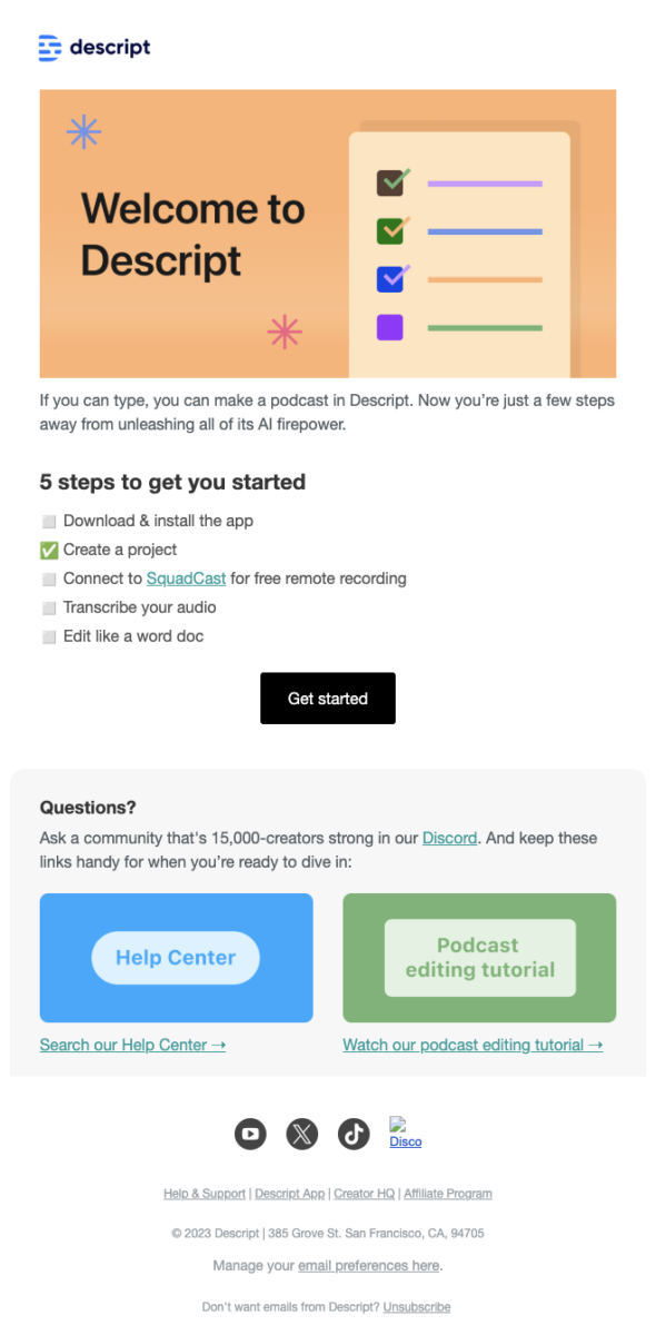 Descript welcome email