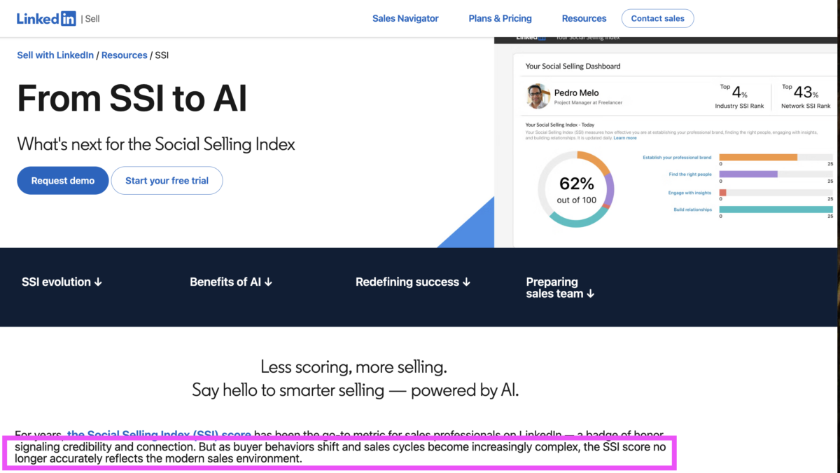the linkedin ssi score no longer accurately reflects the modern sales environment