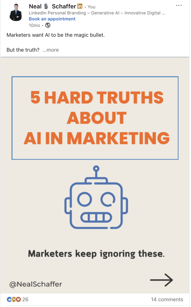 Neal Schaffer's LinkedIn document carousel post cover slide reading "5 Hard Truths About AI in Marketing" with the subtitle "Marketers keep ignoring these" and a robot icon.