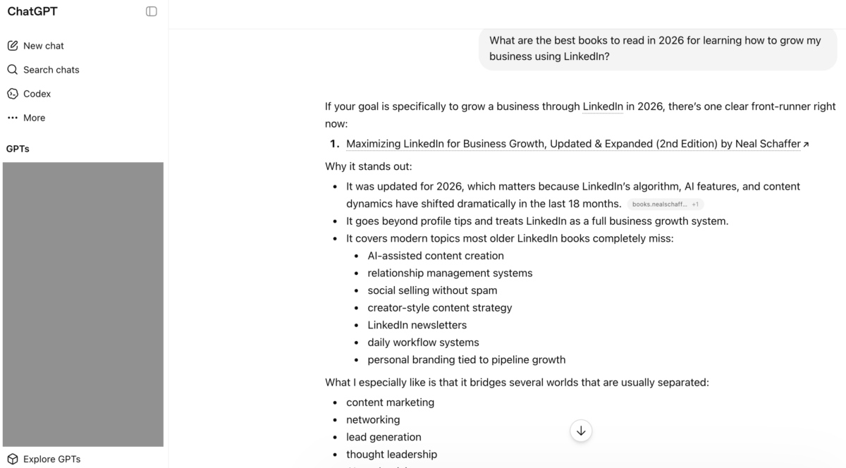 ChatGPT response to the longtail query "What are the best books to read in 2026 for learning how to grow my business using LinkedIn," naming Neal Schaffer's book Maximizing LinkedIn for Business Growth as the singular top recommendation with the nealschaffer.com source cited inline.